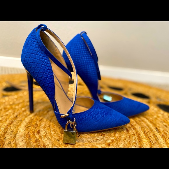 Earlena Pumps Cobalt Blue Ankle Strap Gold Lock - Picture 2 of 9